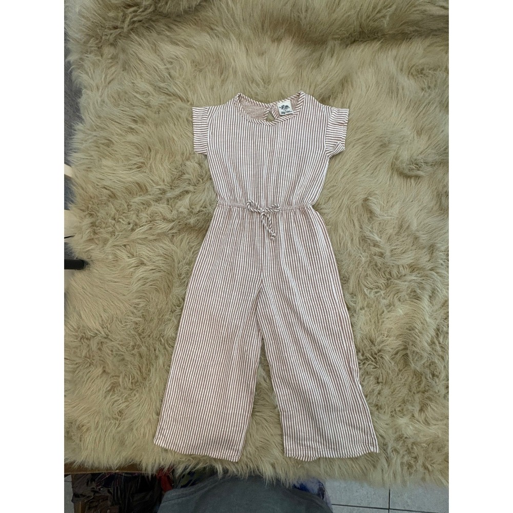 Lily Bleu Girls Brown White Striped Wide Leg Jumpsuit Size Small Keyhole Back